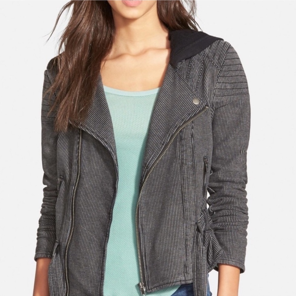 Free People Pinstripe Moto Tie Waist Hooded Jacket Womens Size XS